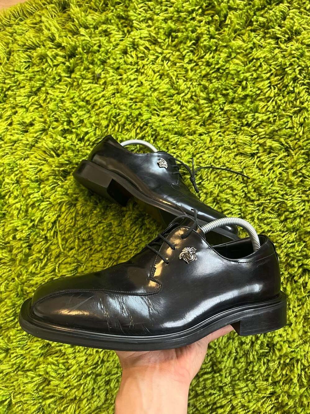 Gianni Versace Vintage Black Patent Leather Medusa Derby Dress Shoes